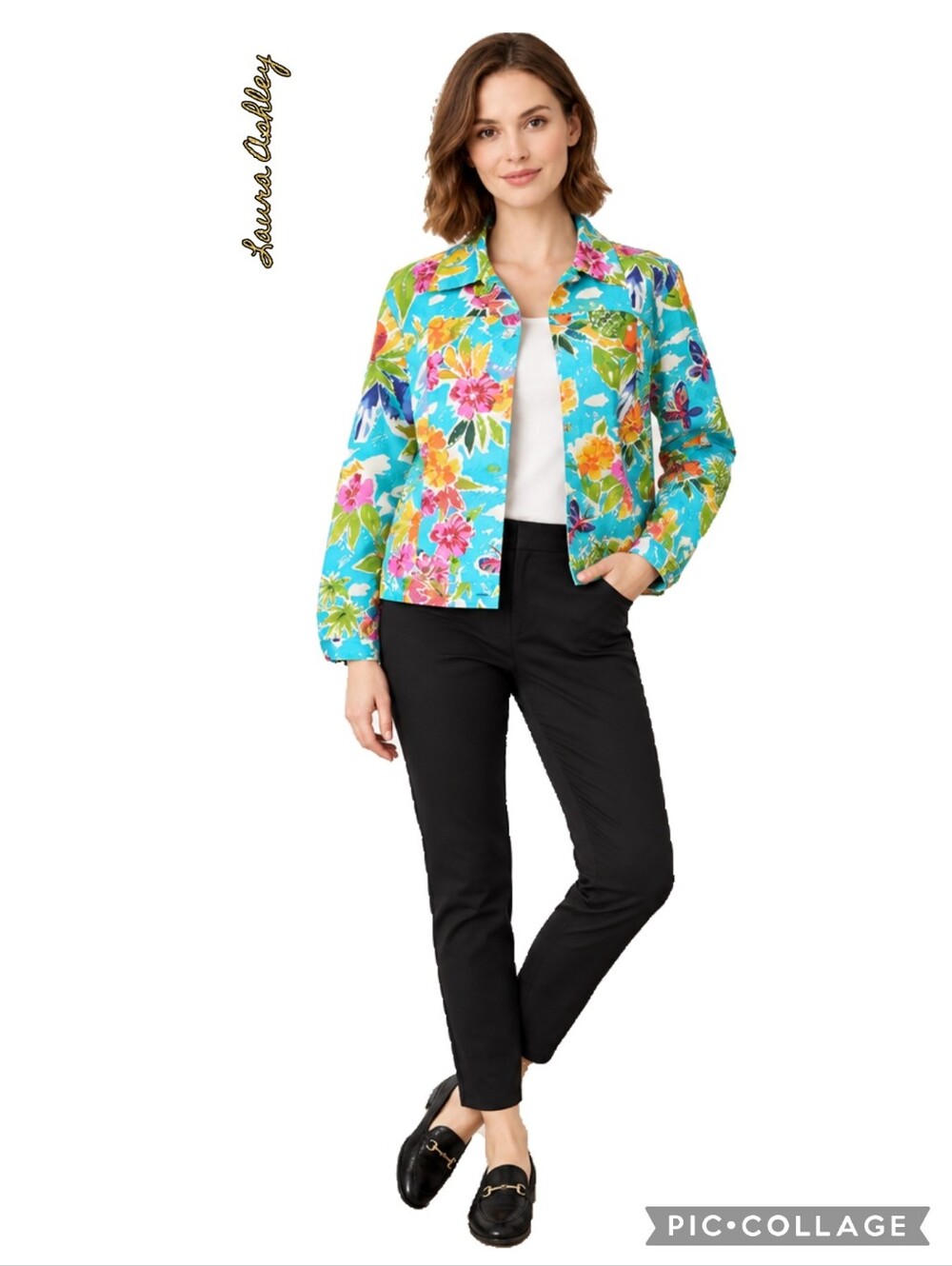 Laura Ashley jacket cotton turquoise tropical floral button front sewn sequins